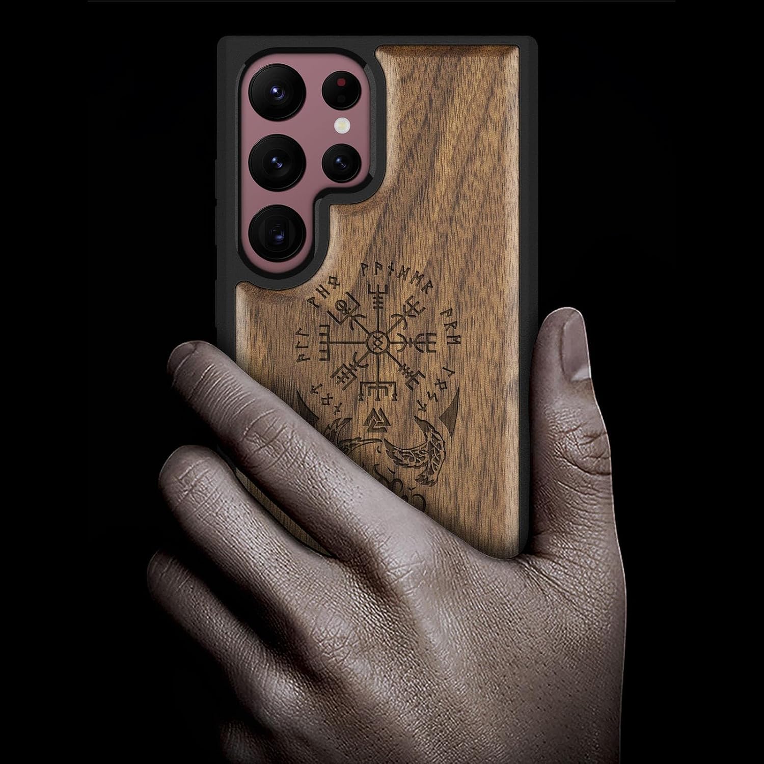 Carveit for Galaxy S22 Ultra Case Natural Wood Black Soft TPU Compatible with Samsung S22 Ultra Wood Case | Shockproof, Protective Cover, Wooden Design, Viking Compass Vegvisir, Walnut