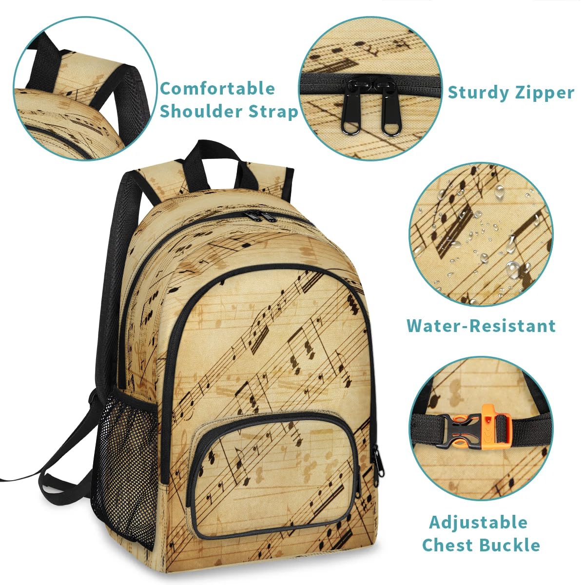 TropicalLife Rucksack mit Musiknoten, Retro-Rucksack, Mehrzweck-Rucksack für Kinder, Mädchen, Jungen, Männer, Frauen, Musik, großer Rucksack, Schule, Büchertasche, lässiger Laptop-Tagesrucksack,