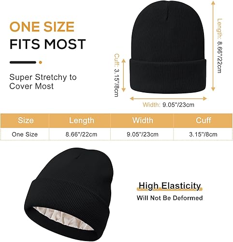 Miniatura 3 de Komorebi Gorro holgado con forro de satén para mujer, gorro de punto de invierno cálido con puños