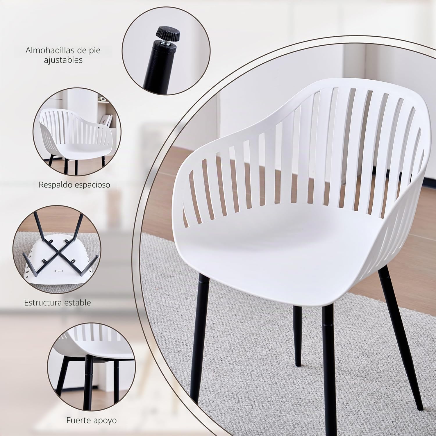 GrandCA HOME Juego de 4 Sillas de Comedor Modernas, Sillas de Cocina con Respaldos Huecos Verticales, Reposabrazos y Patas de Metal Negro, Adecuadas para Salas de Estar, Balcones, Oficinas - Blanco