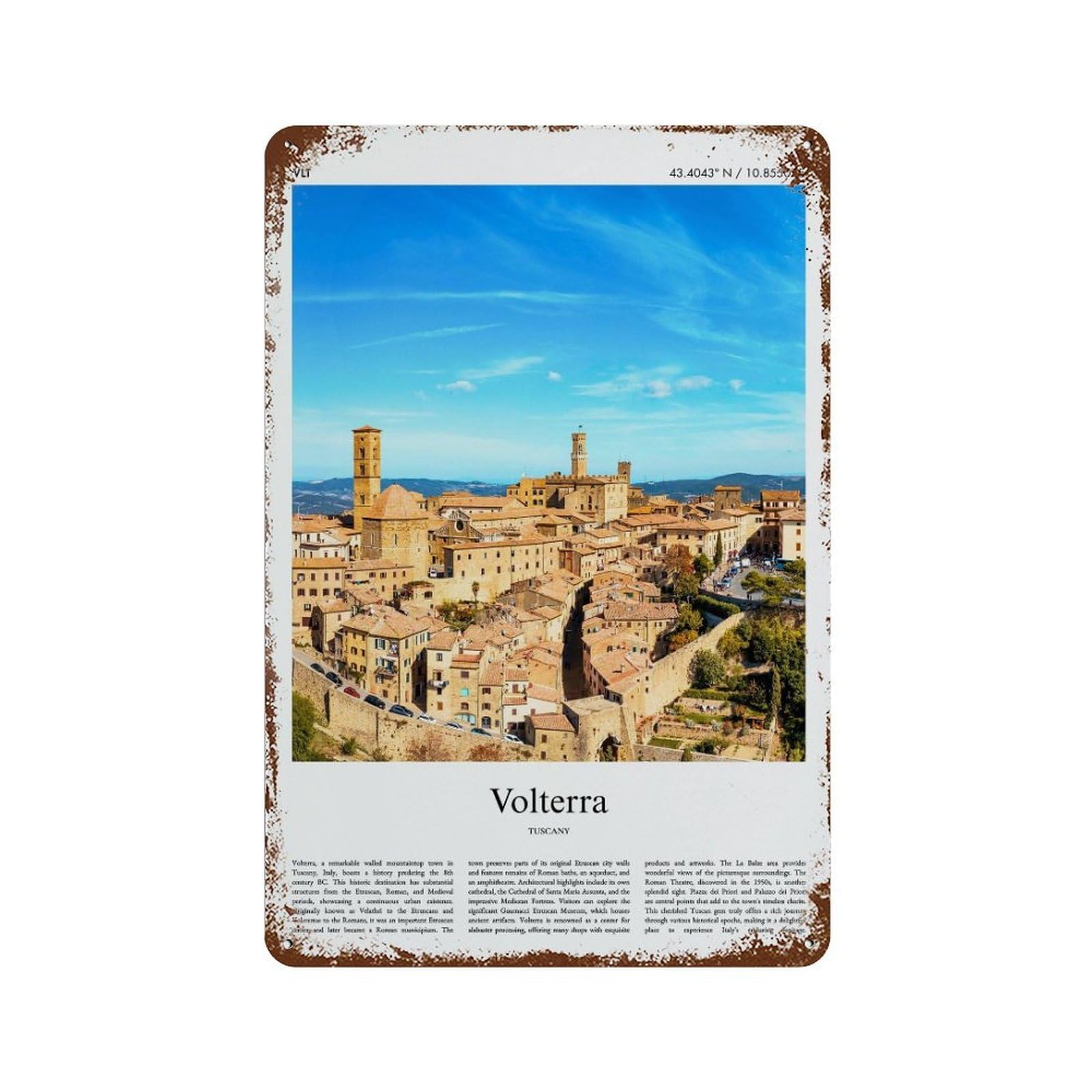 xiaoxiaoshen Volterra Tuscany City Scenery Wall Decor Art Metal Tin Poster Modern Home Decor Art Home Bar Shop Decorations Vintage Sign 30x20cm