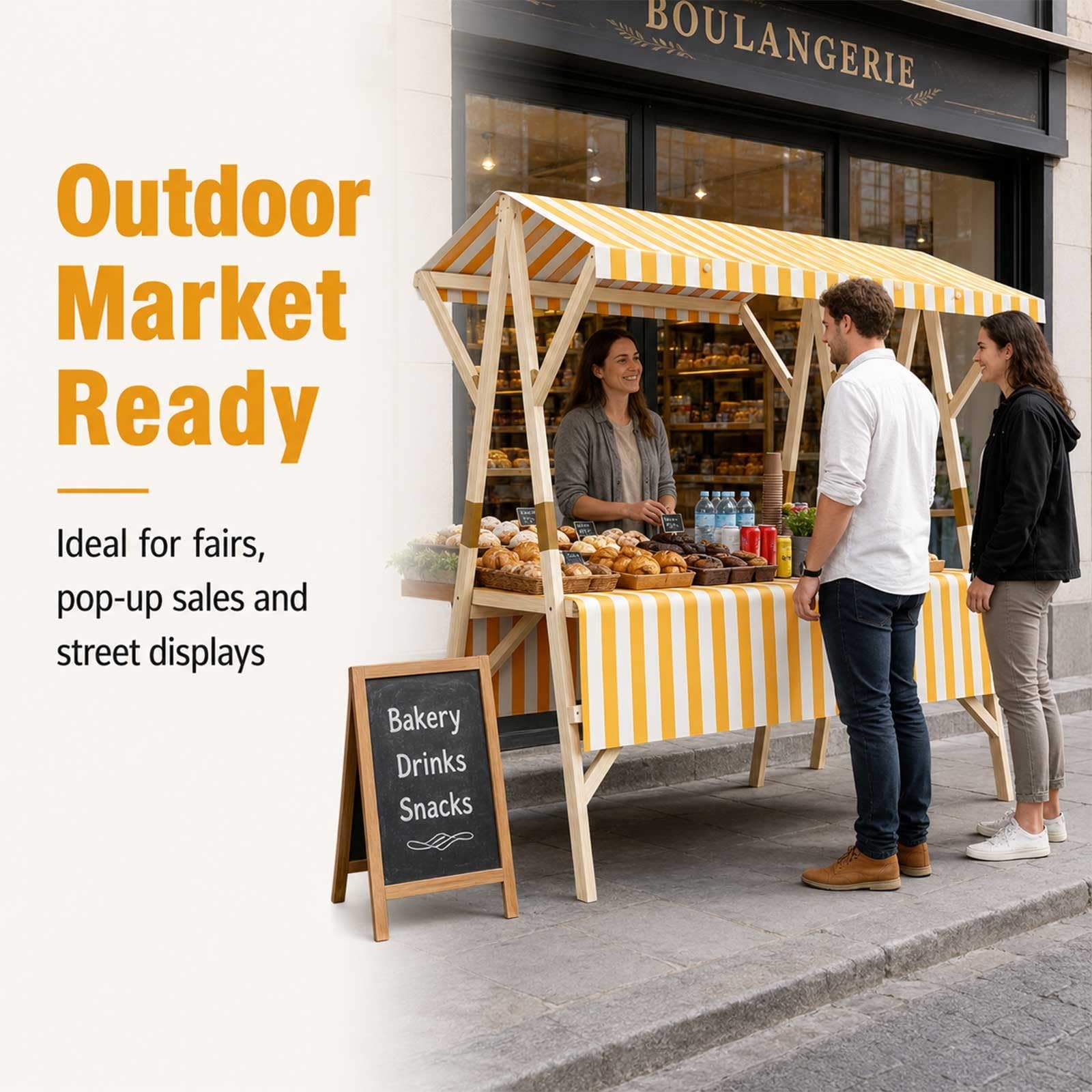 Genérico Puesto De Mercado con Toldo, Carrito De Comida Callejera De Madera, Puesto Plegable para Ferias Artesanales, Mercado Callejero, Venta Ambulante Y Expositor Móvil(White,59.1in/150cm)