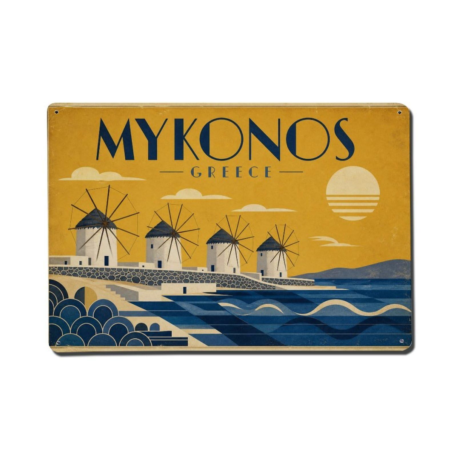 Travel Vintage Greece Mykonos Metal Tin Sign Plaque Wall Decor for Cafe, Club Bar, Office, Garden Metal Poster 8x12Inch
