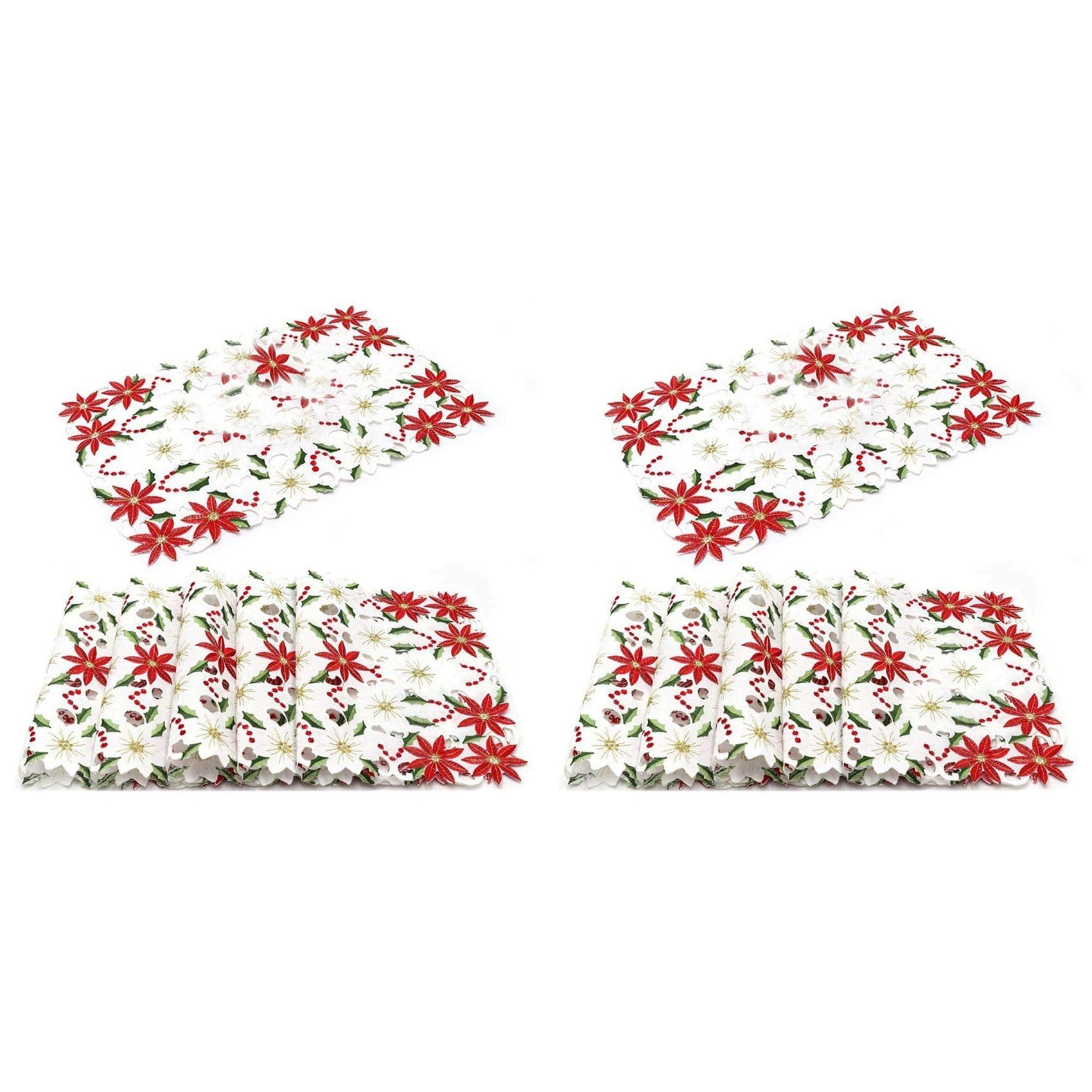 Hndhbfgrt Placemats Set of 12 Embroidered Christmas Poinsettia & Holly Design, 11x17 Inch Christmas Table Decor