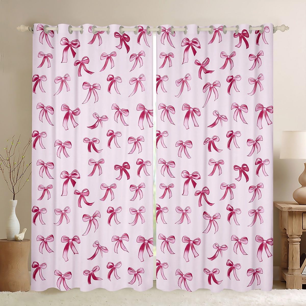 Erosebridal Bow Knot Blackout Curtains 84x63, Kawaii Simple Bows Insulated Curtains, Cute Cartoon Dreamy Printed Kids Teens Curtains & Drapes for Living Room Bedroom, Baby Blue Ribbon Window Curtains
