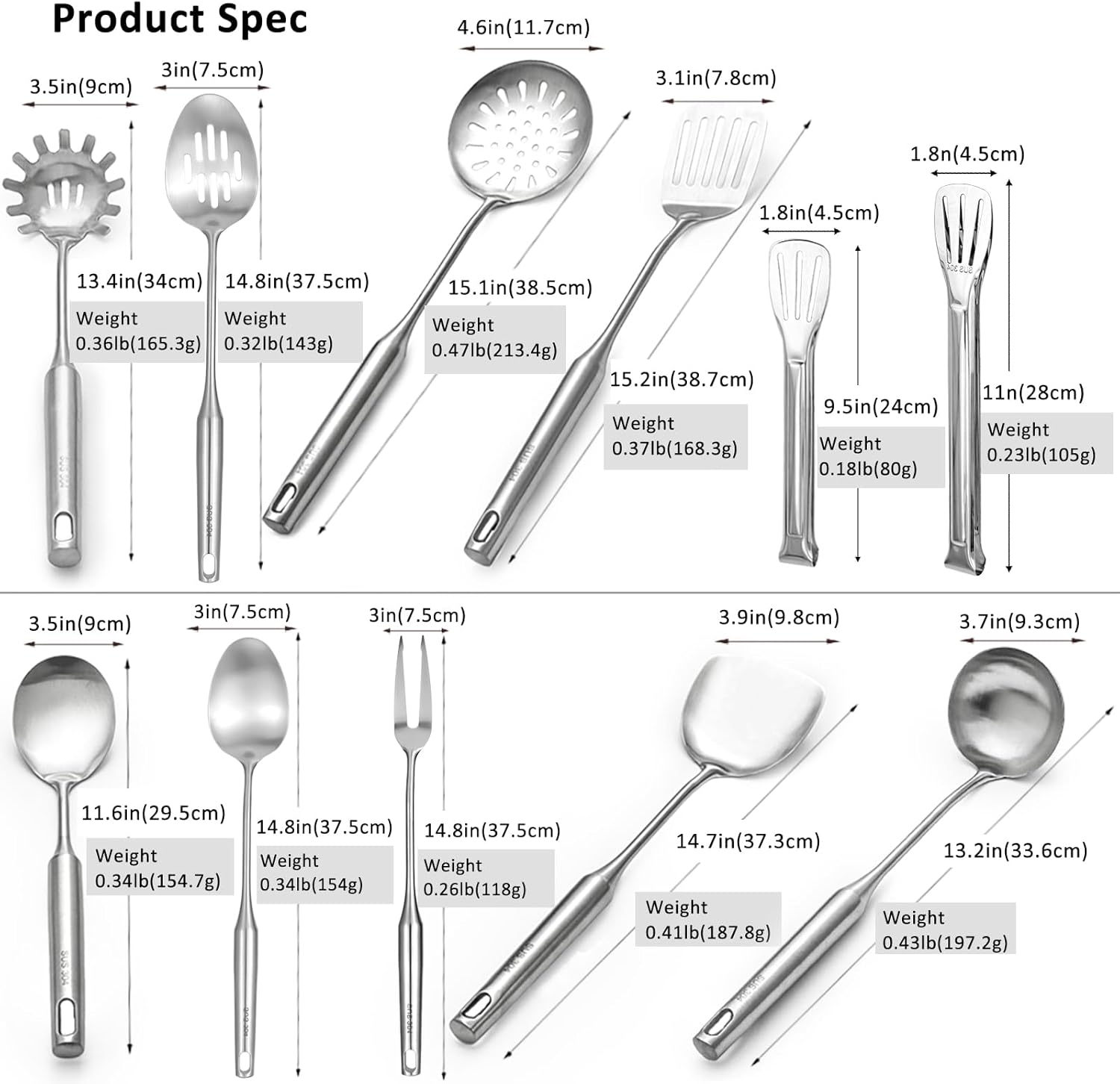 304 18/10 Stainless Steel Kitchen Utensils Set 11 Pcs Long Metal Cooking Utensil, Spatula, Soup spoon, Leaking shovel, Ladle, Tunner, Pasta Server, Meat Fork, Tongs Kitchen Tools Set, Dishwasher Safe