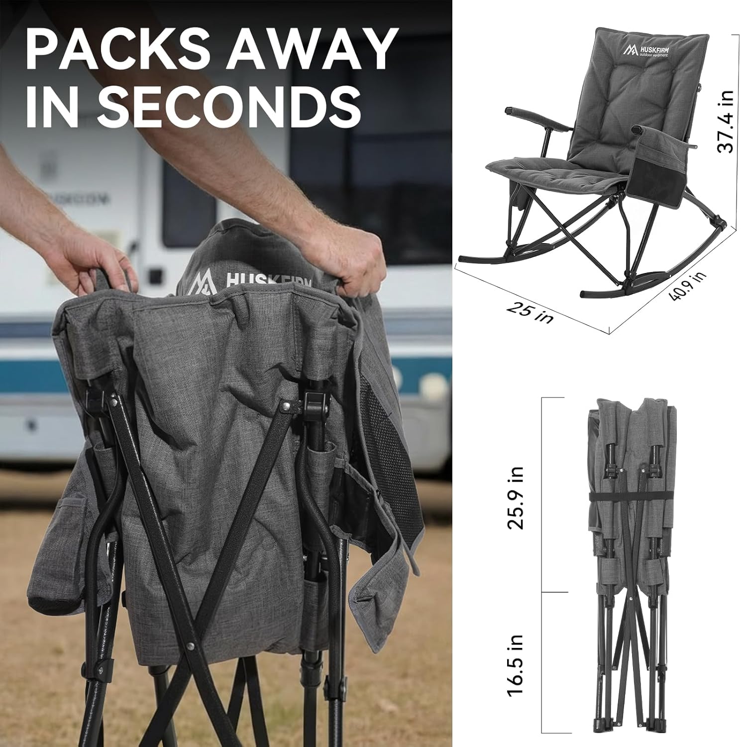 Oversized Rocking Camping Chair Folding Rocking Chair with High Back Padded Outdoor Rocking Chair Heavy Duty Portable Rocker Chair for Camping, Lawn and Patio, Supports Up to 400 lbs, Grey - Image 2