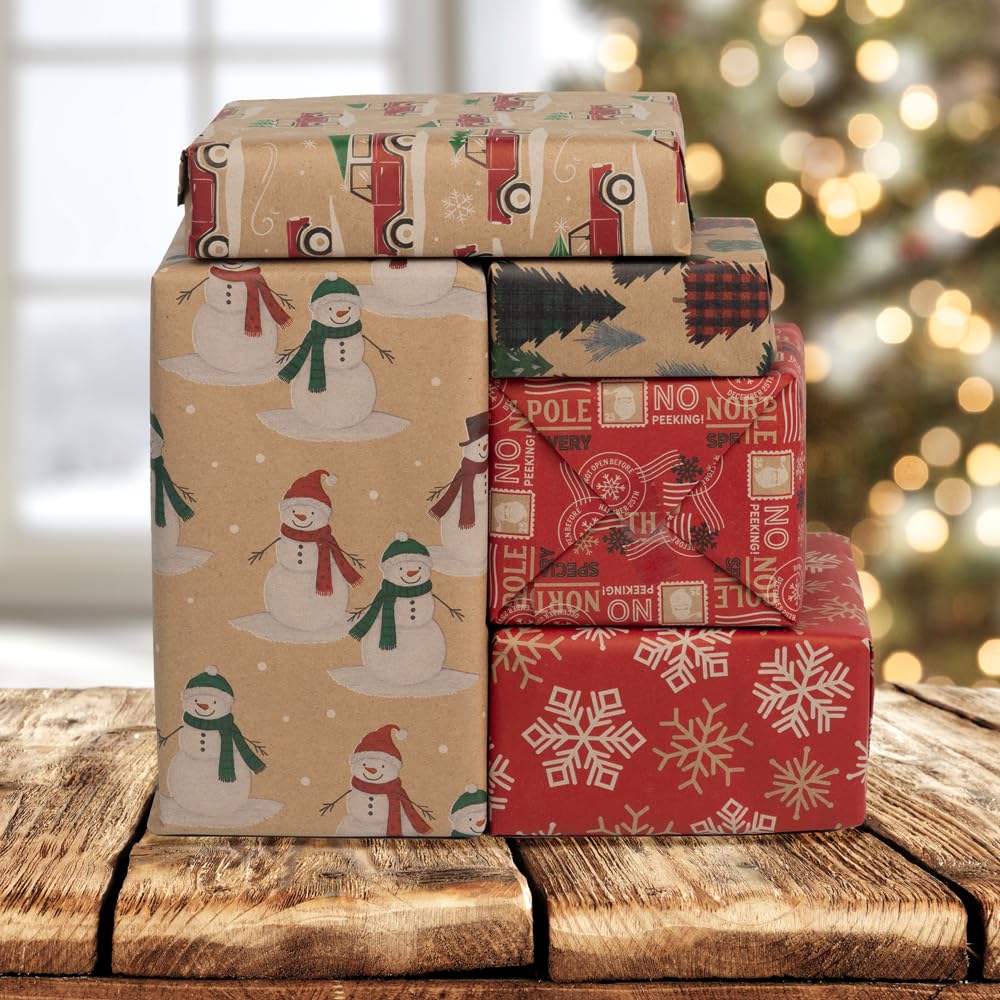 JAM Paper Geschenkpapier, Weihnachtsgeschenkpapier, Kraftpapier, insgesamt 125 m², 5 Rollen/Packung