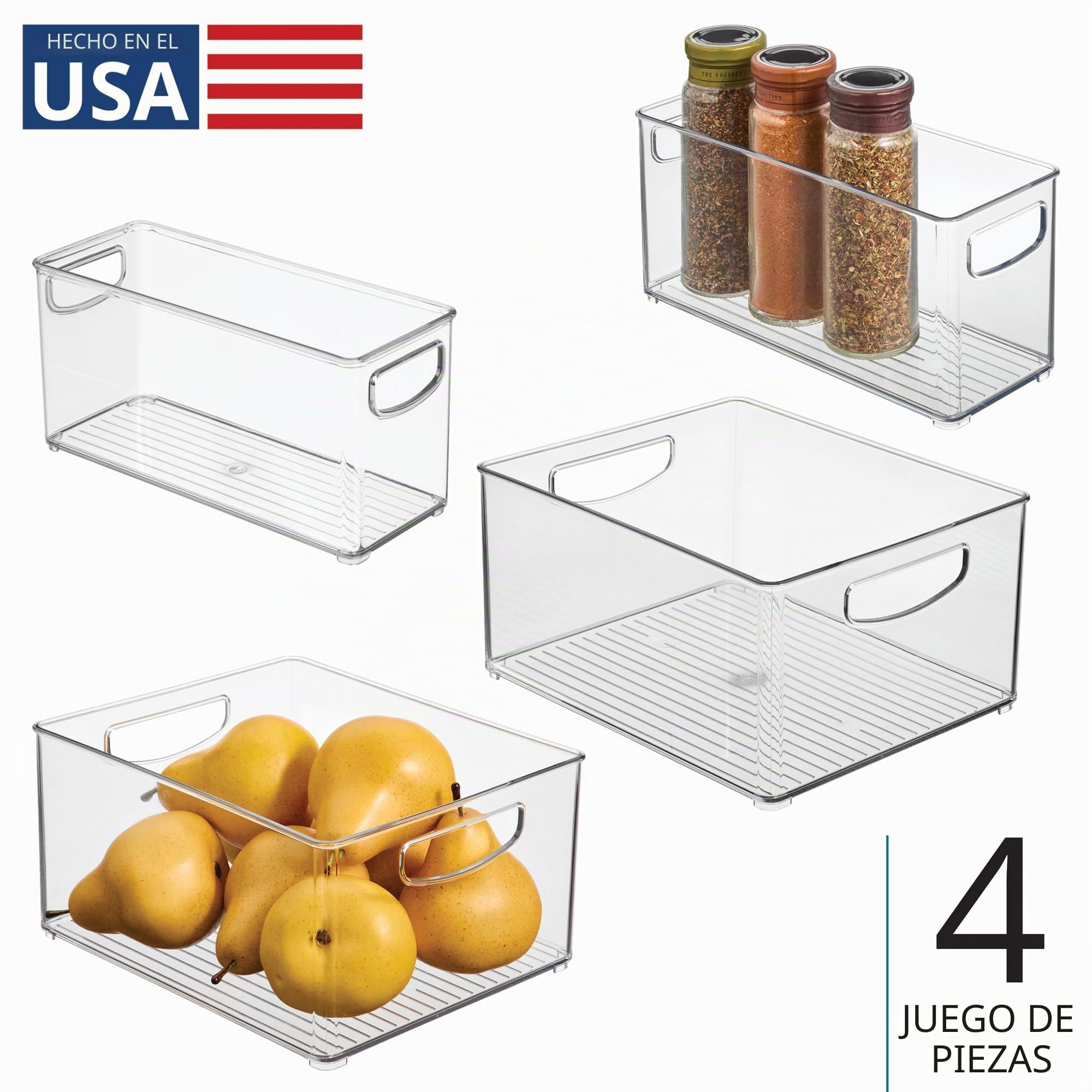iDesign Juego de 4 organizadores de plástico reciclado al 50% para organizar la despensa y el armario, fabricados en USA; Juego de 4 contenedores en 2 tamaños, transparente