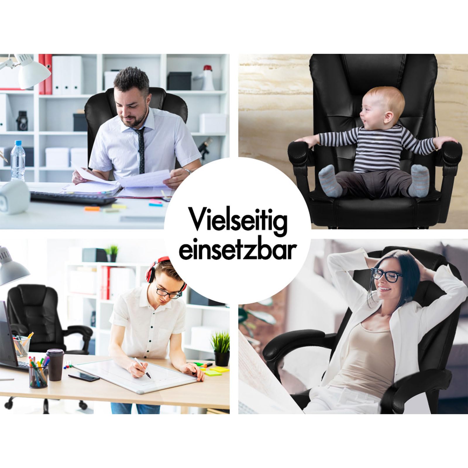 ALFORDSON Chefsessel Bürostuhl Massage Schreibtischstuhl 150°-Neigung, Computerdrehstuhl, ergonomischer Drehstuhl Ausziehbare Fußstütze, höhenverstellbarer,belastbar 180 kg, PU-Leder, Schwarz