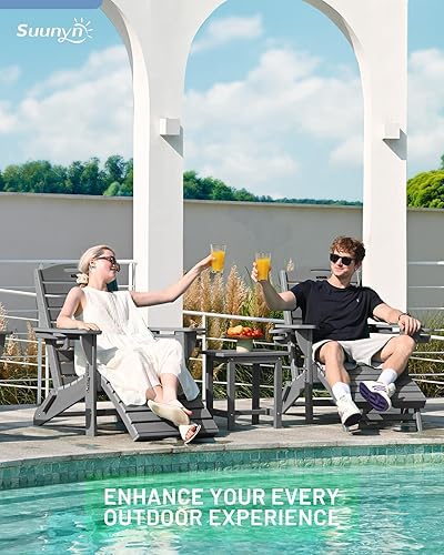 Miniatura 4 de Silla plegable Adirondack con otomana retráctil, resistente a la intemperie, silla de patio con 2 portavasos, sillas de césped al aire libre (gris)