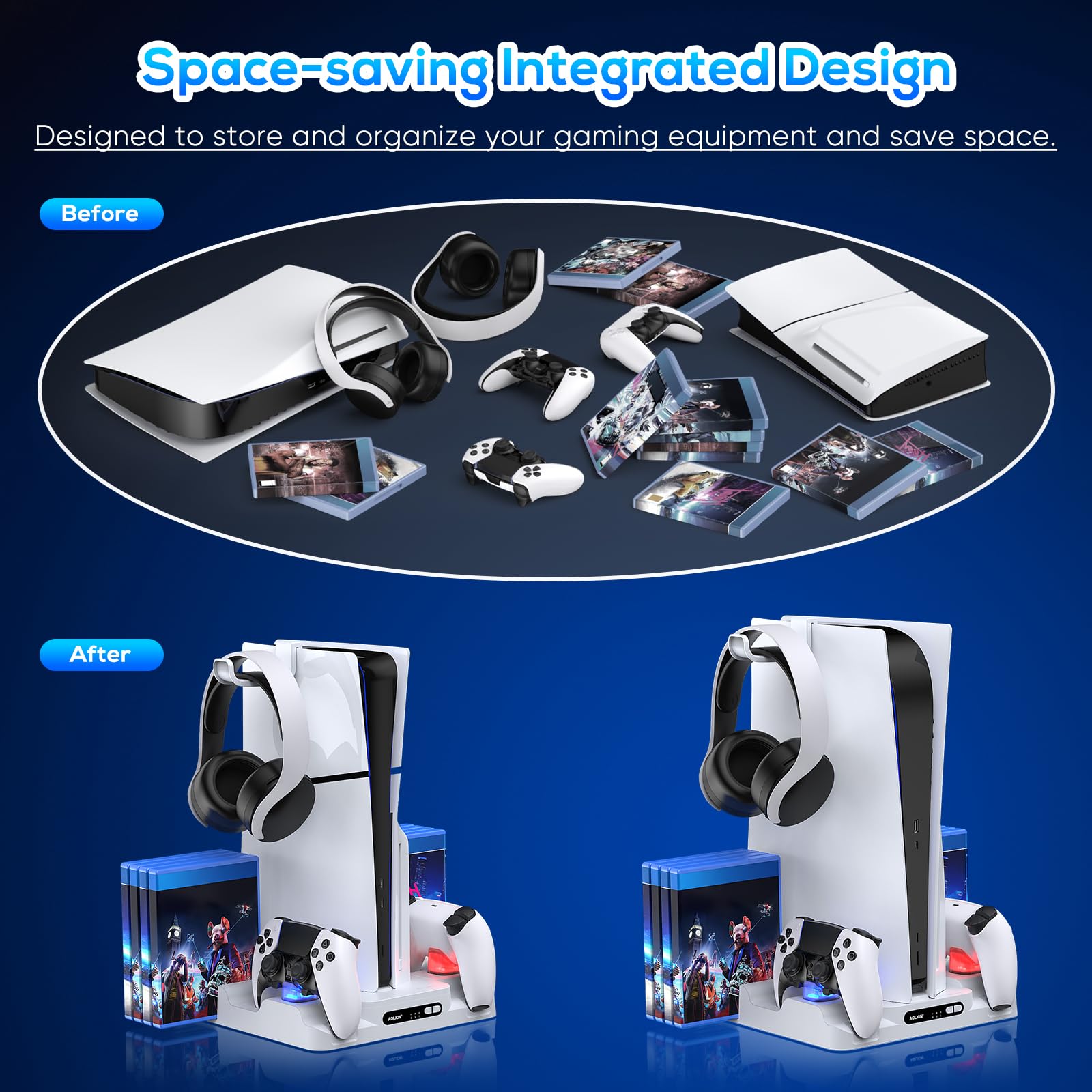 FASTSNAIL Support avec Ventilateur pour PS5/PS5 Slim/Pro Disc & Digital, Socle Compatible avec Playstation 5/Slim/Pro，Manette Chargeur Rapide pour DualSense/Edge, Accessoires pour PS5/PS5 Slim/Pro