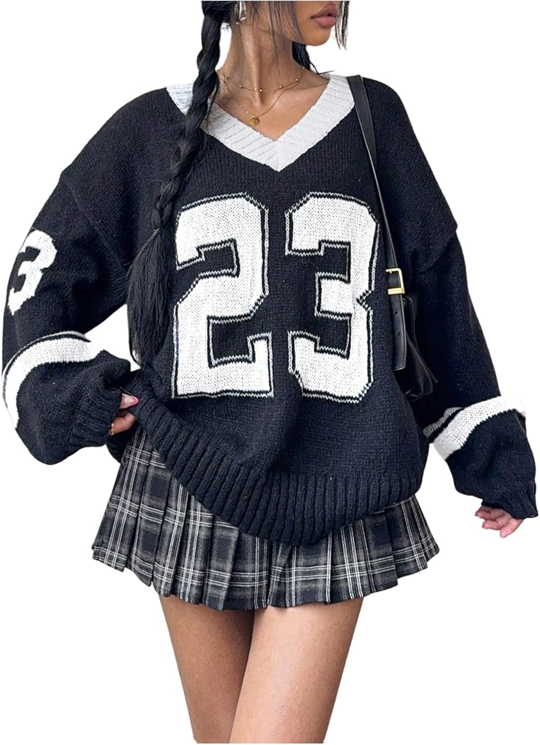 Women's Y2K Sweaters Letter Print Oversized Sweaters Long Sleeve V Neck Pullover Sweater Jumper Top Knit Jersey Shirt Black Large Plus