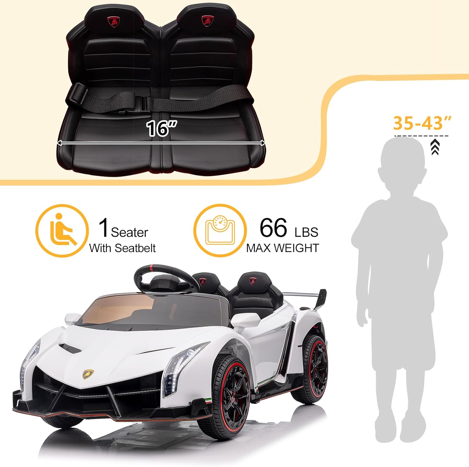 Winado 12V Ride on Car, Electric Vehicle Licensed Lamborghini Veneno for Kids, Electric Cars for Kids w/Parent Control, Hydraulic Doors, 3 Speeds, LED Headlights, Horn - White