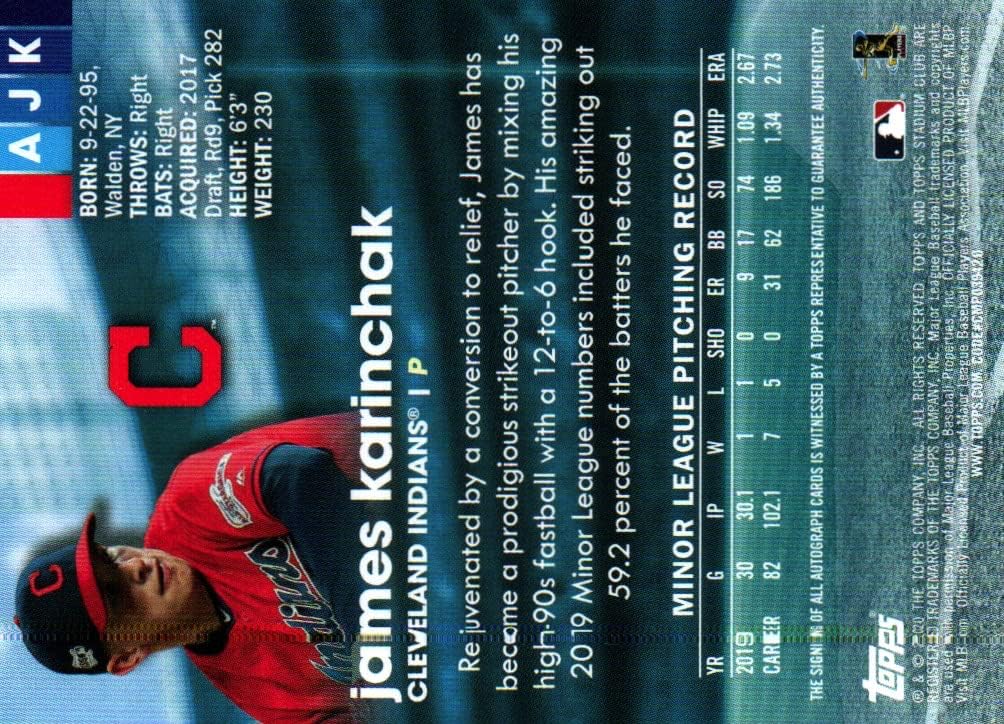 James Karinchak Autographed On Card Stadium Club Rookie Collectible Baseball Card - 2018 Topps Stadium Club Rookie Baseball Card #AJK (Indians) Free Shipping & Tracking
