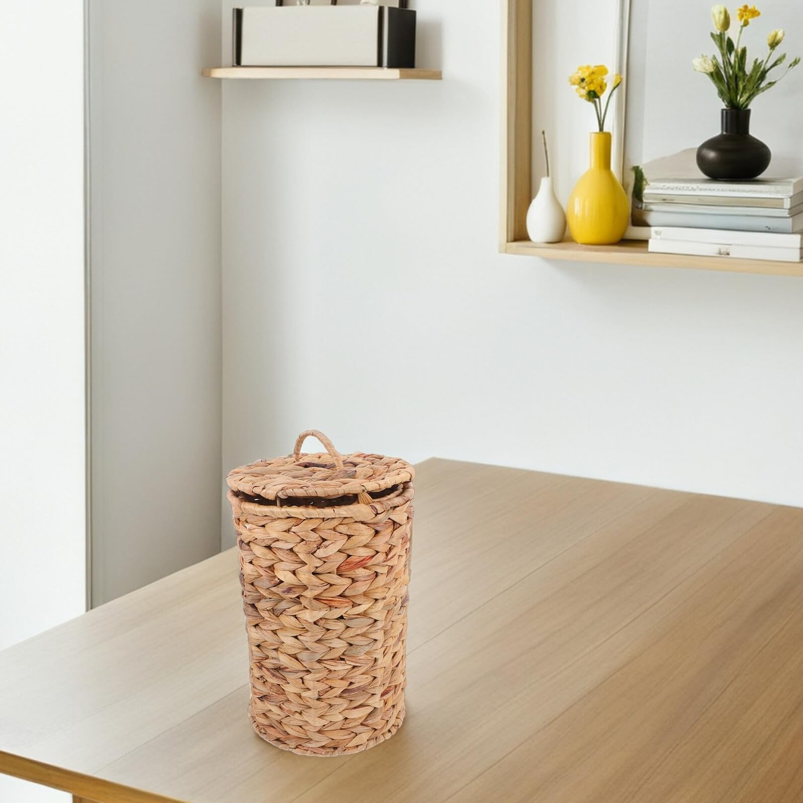 Veemoon Poubelle Osier Tressé Main Rotin Naturel avec Couvercle Corbeille Petite pour Chambre Salle de Bain Bureau