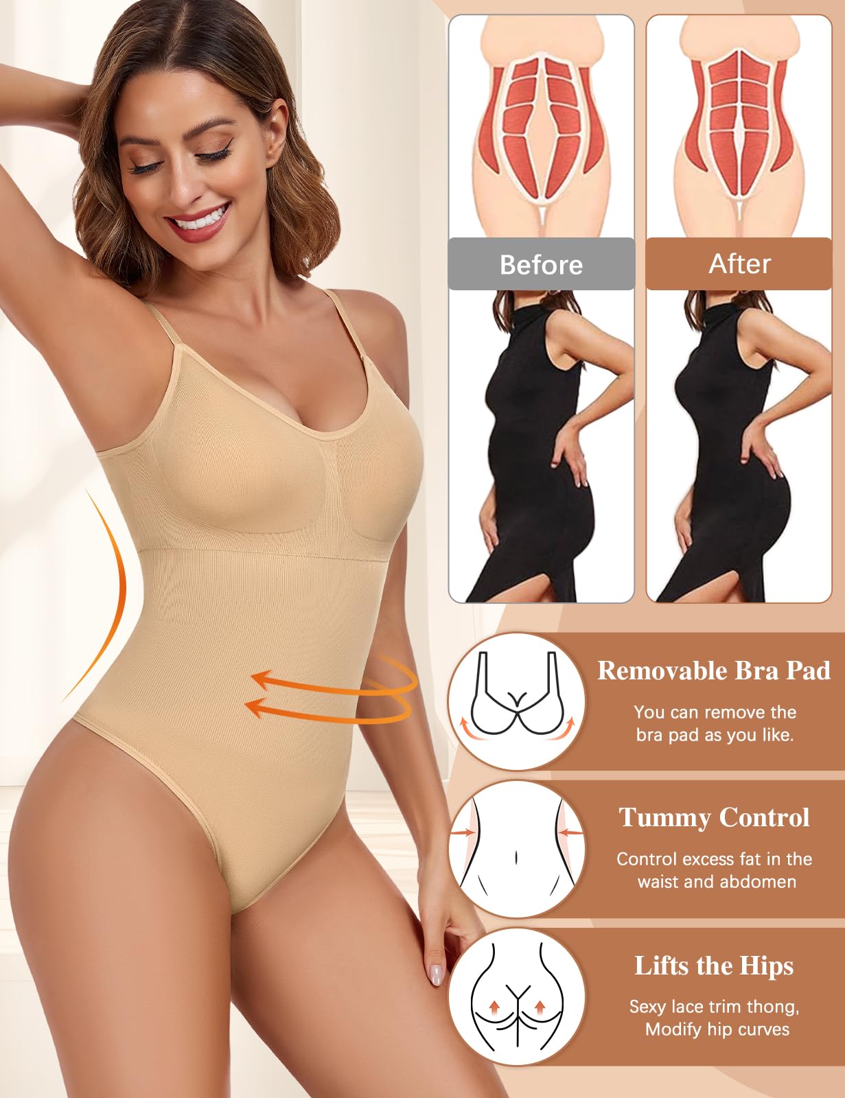 Tuopuda Body Contenitivo Modellante Donna Body Shaper Perizoma Bodysuit Guaina Contenitiva Shapewear Intimo Snellente Pancia Piatta Dimagrante Shaping con Reggiseno Spallino Regolabile