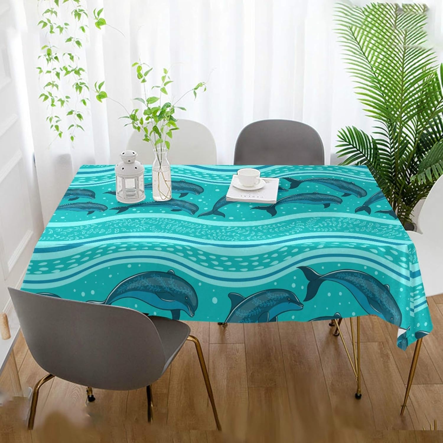 Table Decoration for Party Dolphin Ocean Style Green Rectangle Table Cloth Polyester Tablecloth Rectangle Table 60 x 108 Inch for Dinner Table Decor