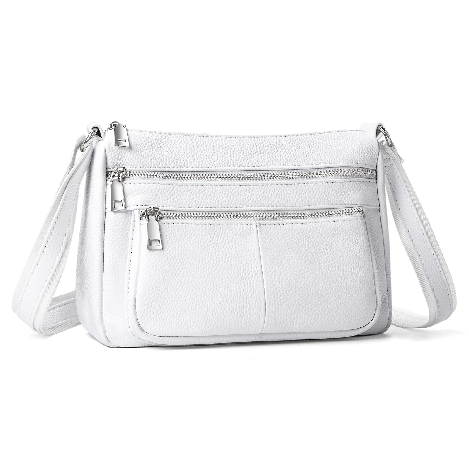befen White Genuine Leather Crossbody Bags for Women, Woman Medium Cross Body Shoulder Purses Handbags with Multi Zipper Pockets