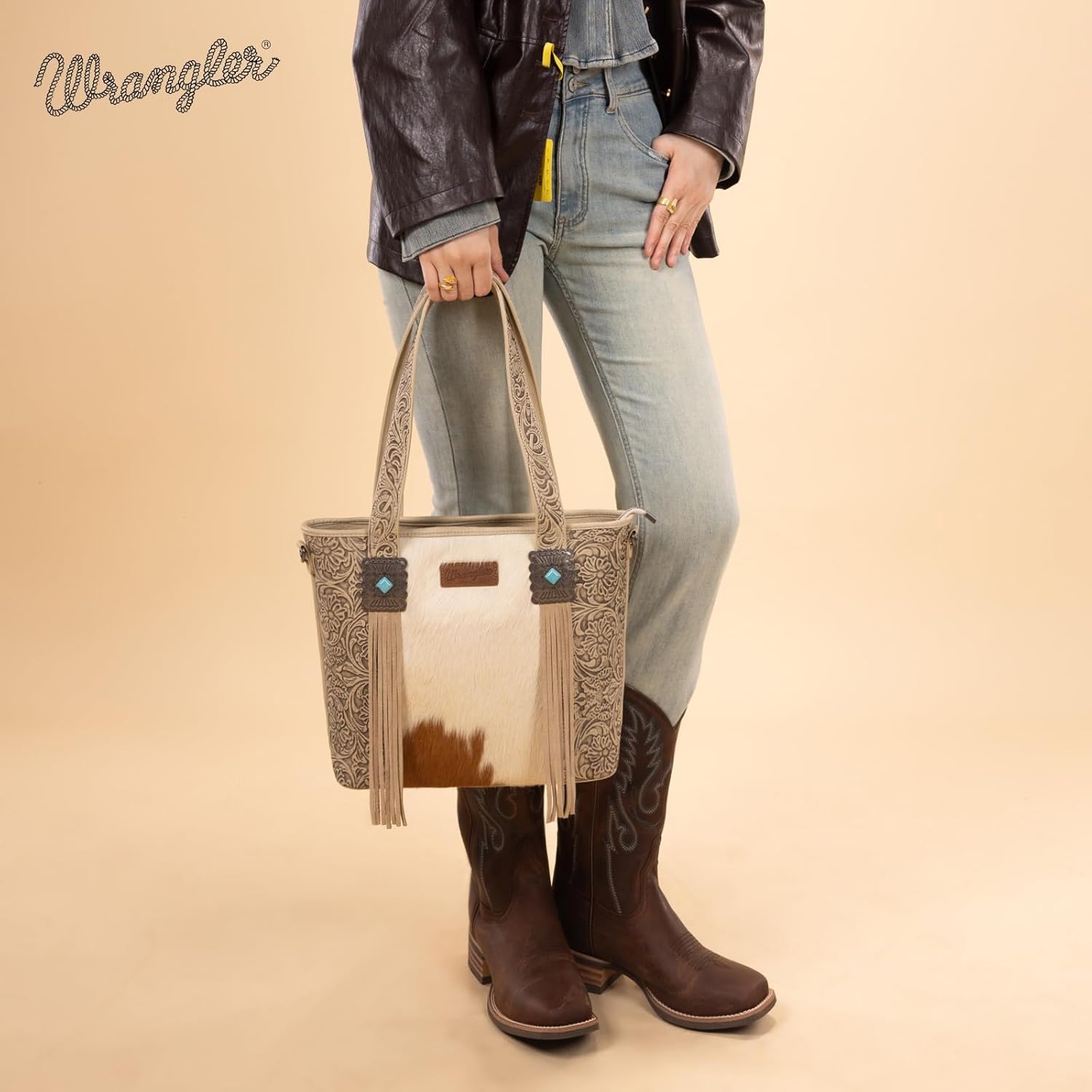 Montana West Wrangler Cowhide Tote Bag for Women Western Tooling Handbag Leather Fringing with Turquoise Stone Concho - Image 3