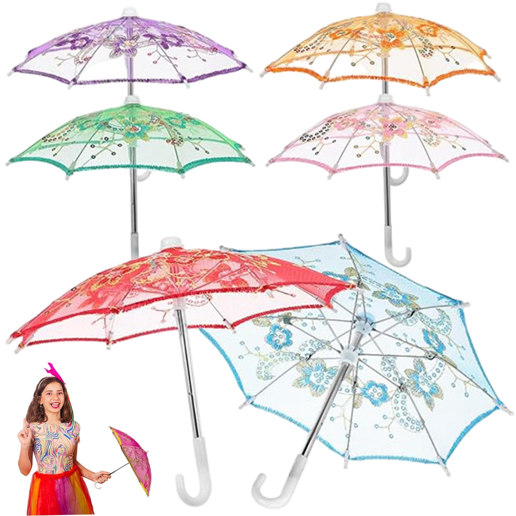 Suxdlan Mini Umbrellas for Decorations, 6PCS Colorful Doll Umbrella, Tiny Lace Parasol for Dollhouse Photography Props