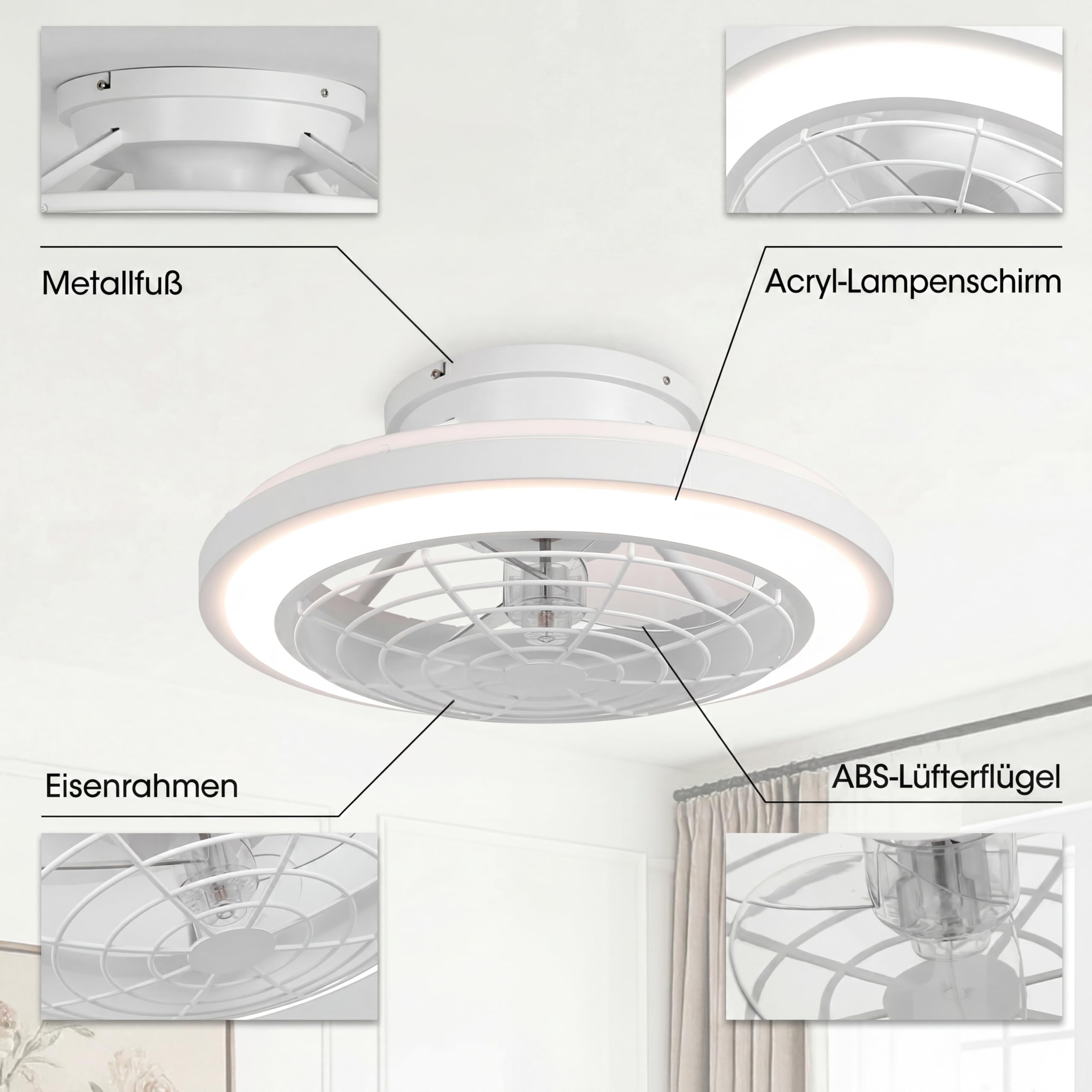 Parrot Uncle 50cm Ventilator Deckenleuchte,Umkehrbarer, LED Deckenventilator mit Beleuchtung,3 Farbtemperatur,6 Geschwindigkeiten Zeitschaltuhr,Fernbedienung Leise Dimm für Schlafzimmer,Weiß