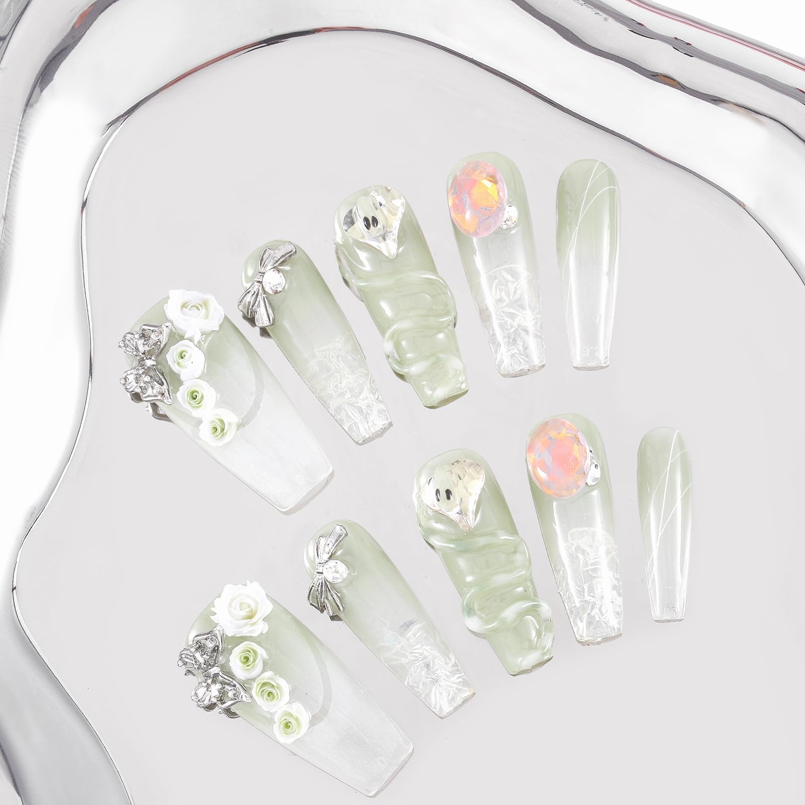 Bara lunga Chiodi a pressione Strass Gradiente Unghia finta Farfalla Rosa Unghie finte Brillantini Cristalli Unghie con colla riutilizzabile per donne e ragazze 10Pz