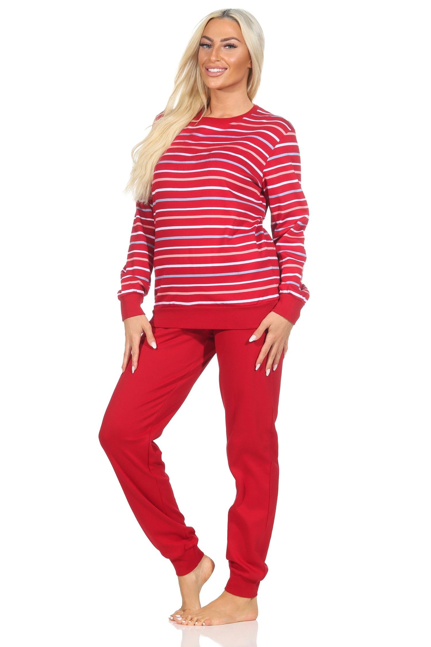 Normann Damen Schlafanzug Langarm in Kuschel Interlock Qualität -Streifen Optik
