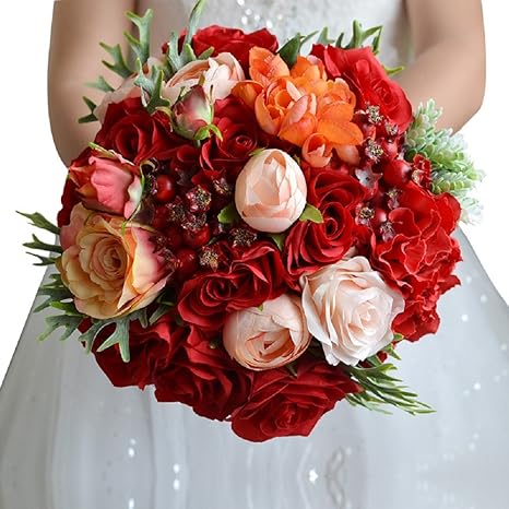 Amazon 赤い薔薇 花束 ウェディングブーケ ラウンドブーケ 花嫁ブーケ ブライダルブーケ 造花 誕生日 プレゼント 結婚式 二次会 撮影 造花 オンライン通販