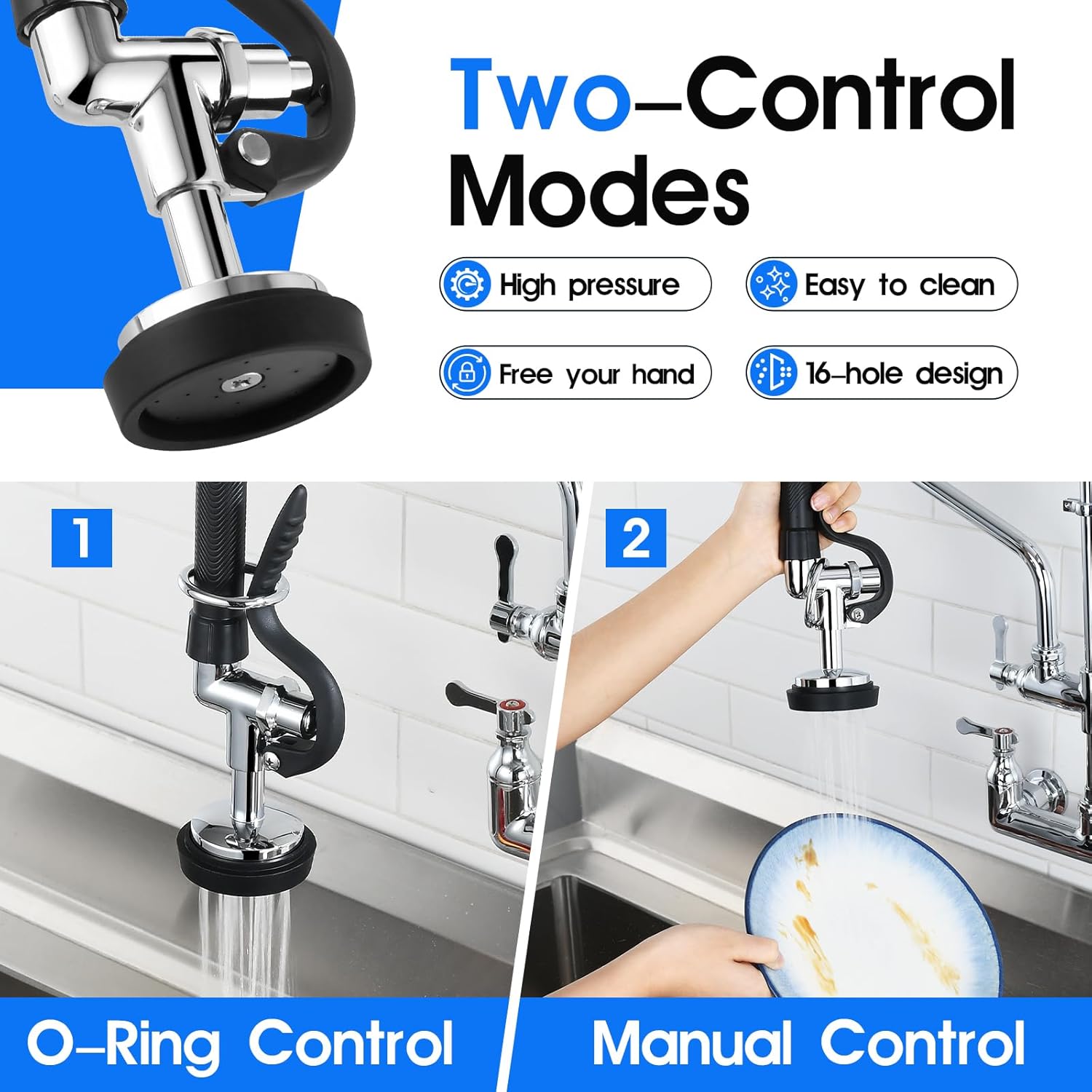 Commercial Kitchen Faucet with Pre-Rinse Sprayer 43" Height 8" Center Brass Constructed Wall Mount Kitchen Sink Faucet with Coiled Spring Pull Down Spray and 12" Add-on Swing Spout