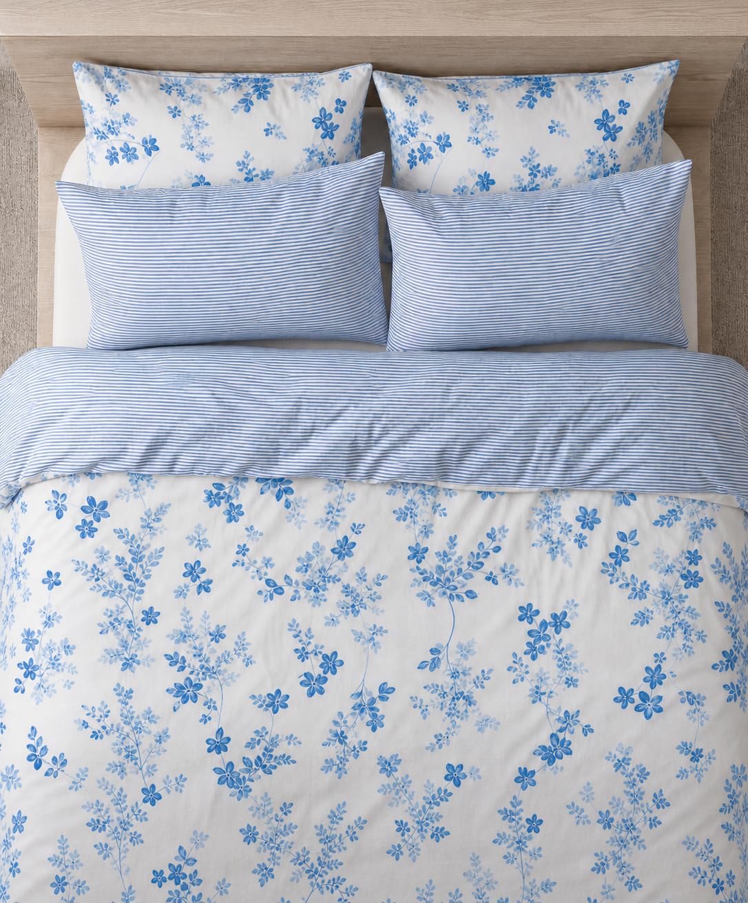 Leruum Blue Double Bed Cotton Duvet Cover Set White Bedding Floral Striped