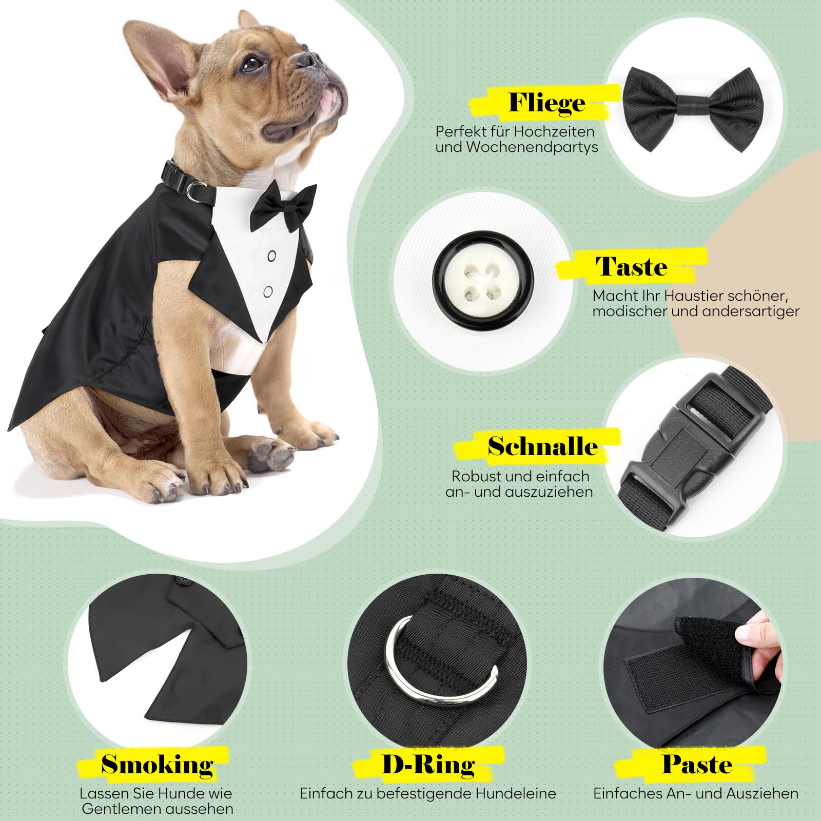 Illumifun Smokinganzug und Bandana-Set, eleganter Hunde-Hochzeitsparty-Anzug mit Fliege, Hemd, Weste, Haustier-Smoking-Kostüm mit abnehmbarem Fliegenkragen (2XL)