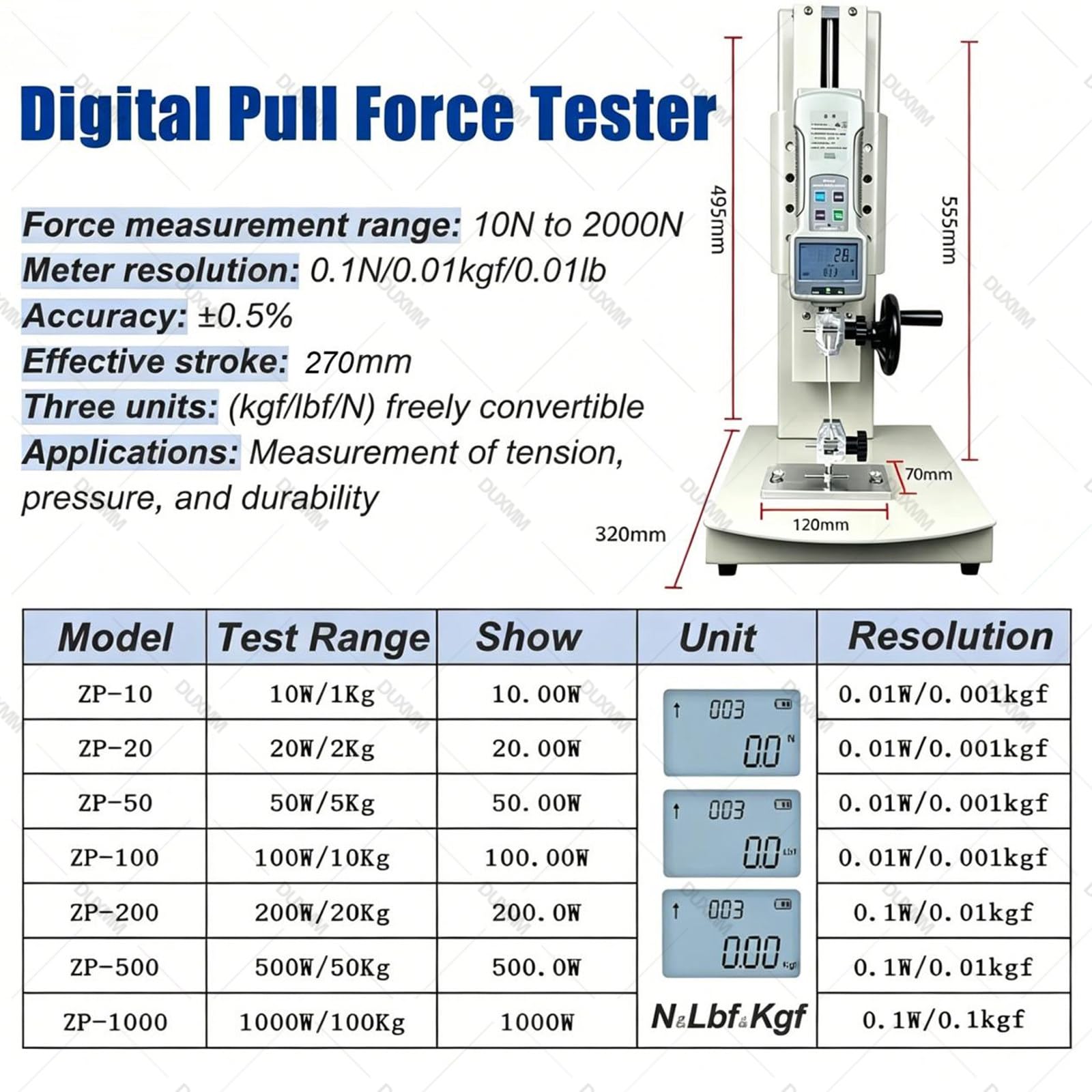 Máquina Digital de Ensayo de Tracción con Dinamómetro 10–2000 N Sandard-50N | El montaje reversible permite tracción y compresión de 10 a 2000 N en cables, cuerdas, resortes, ganchos y bandas elásticas