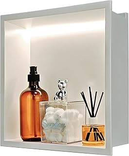 Weiße LED-Duschnische (30x30x10 cm) aus Edelstahl – Fliesenfreie Einbau-Lösung mit wasserdichtem Ablagefach fürs Badezimmer (inkl. Beleuchtung, einfach zu installieren)