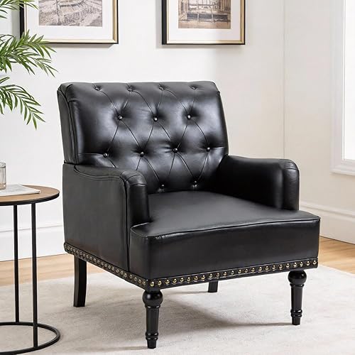 MOJAY Silla decorativa de piel sintética, sillón de mediados de siglo, sofá con patas de madera de goma, silla de club con ribete de remache para