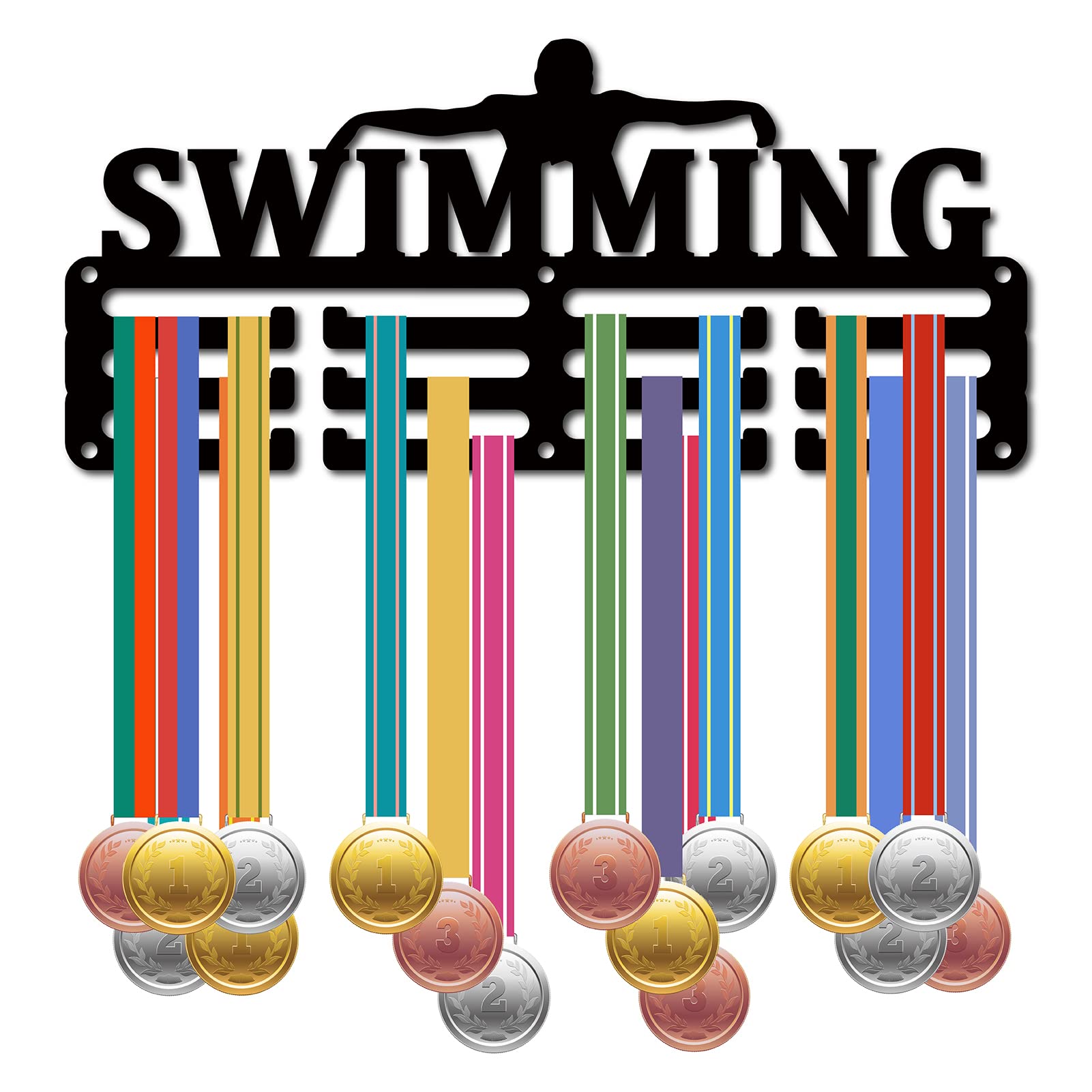 CREATCABIN Medaglia Nuoto Porta Medaglia Appendiabiti Espositore Sport Metallo Appeso Premi Ferro Piccolo Supporto Decor Premi per Parete Casa Distintivo Gara Corsa Ginnastica Nuoto Nero 29x13cm