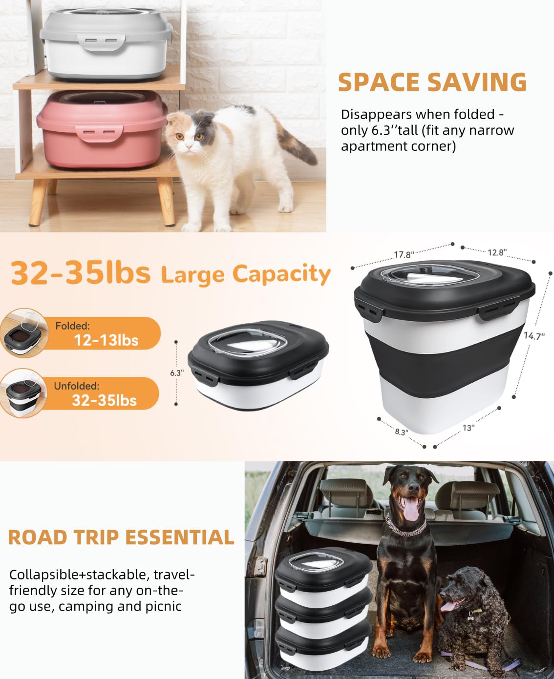 Contenedor plegable de almacenamiento de alimentos para perros de 30 a 35 libras con tapas herméticas, ruedas, cuchara y 2 recipientes de almacenamiento de alimentos, almacenamiento grande de