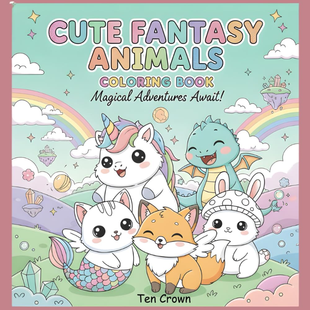 Cute Fantasy Kawaii Animals Coloring Book: Adorable Dragons, Unicorns, Mer-Kittens & Magical Creatures for Kids, Teens & Adults