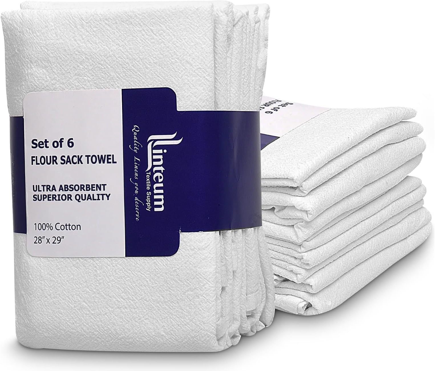 Linteum Textile Classic White Flour Sack Kitchen Dish Towels 100% Cotton, Tea Towels Absorbent and Long Lasting Material 6 Pack - 28x29 in