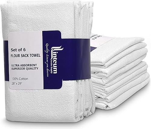 Linteum Textile - Juego de 6 paños de cocina clásicos con saco de harina blanco, 100% algodón, absorbentes y de larga duración, paquete de 6, 28 x