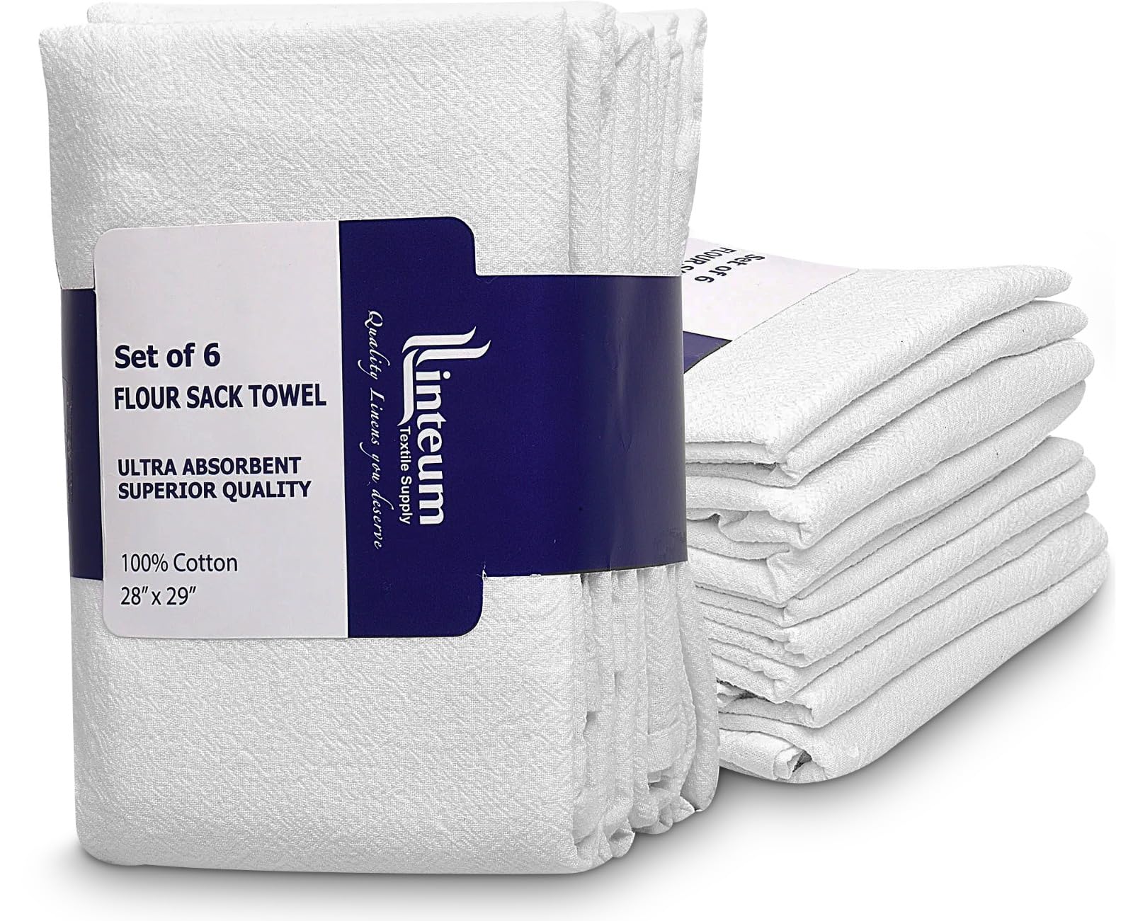 Linteum Textile Classic White Flour Sack Kitchen Dish Towels 100% Cotton, Tea Towels Absorbent and Long Lasting Material 6 Pack - 28x29 in