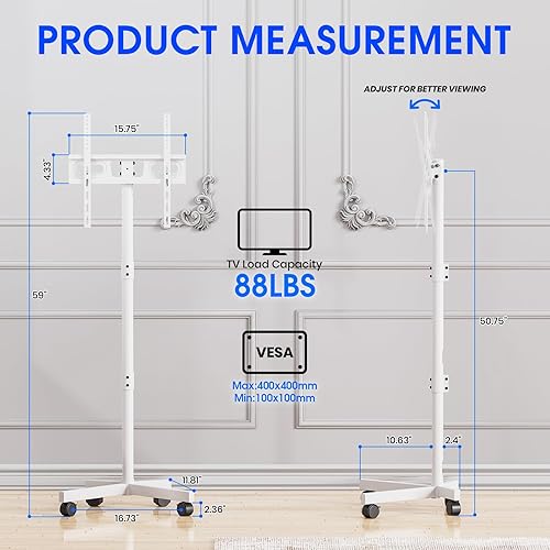Miniatura 2 de Soporte de TV móvil para televisores de pantalla plana LCD LED OLED de 23 a 60 pulgadas de hasta 88 libras, inclinación y altura ajustable, ruedas
