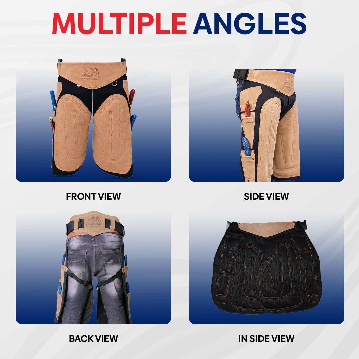 Equine Care Farrier Chaps 4 bolsillos para cuchillos e imán de uñas, delantal de cuero de gamuza y lona para zapatos de caballo (23 pulgadas-59 cm)