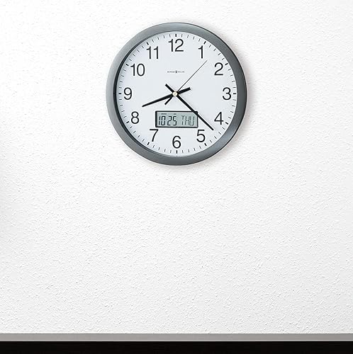 Miniatura 3 de Howard Miller Reloj de pared crónica 625-195  Gris metálico moderno, marco de bisel plano, muestra calendario LCD (mes, día, día de la semana),