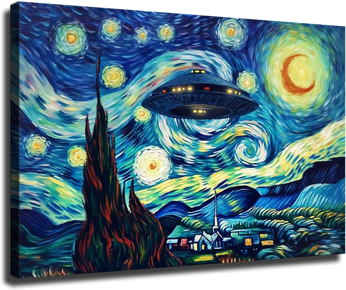 KJoet Ufo Sighting on A Starry Night Vincent Van Gogh Humor Canvas Poster Wall Art Decor Print Picture Paintings for Living Room Bedroom Decoration (08x12inch,Unframed)