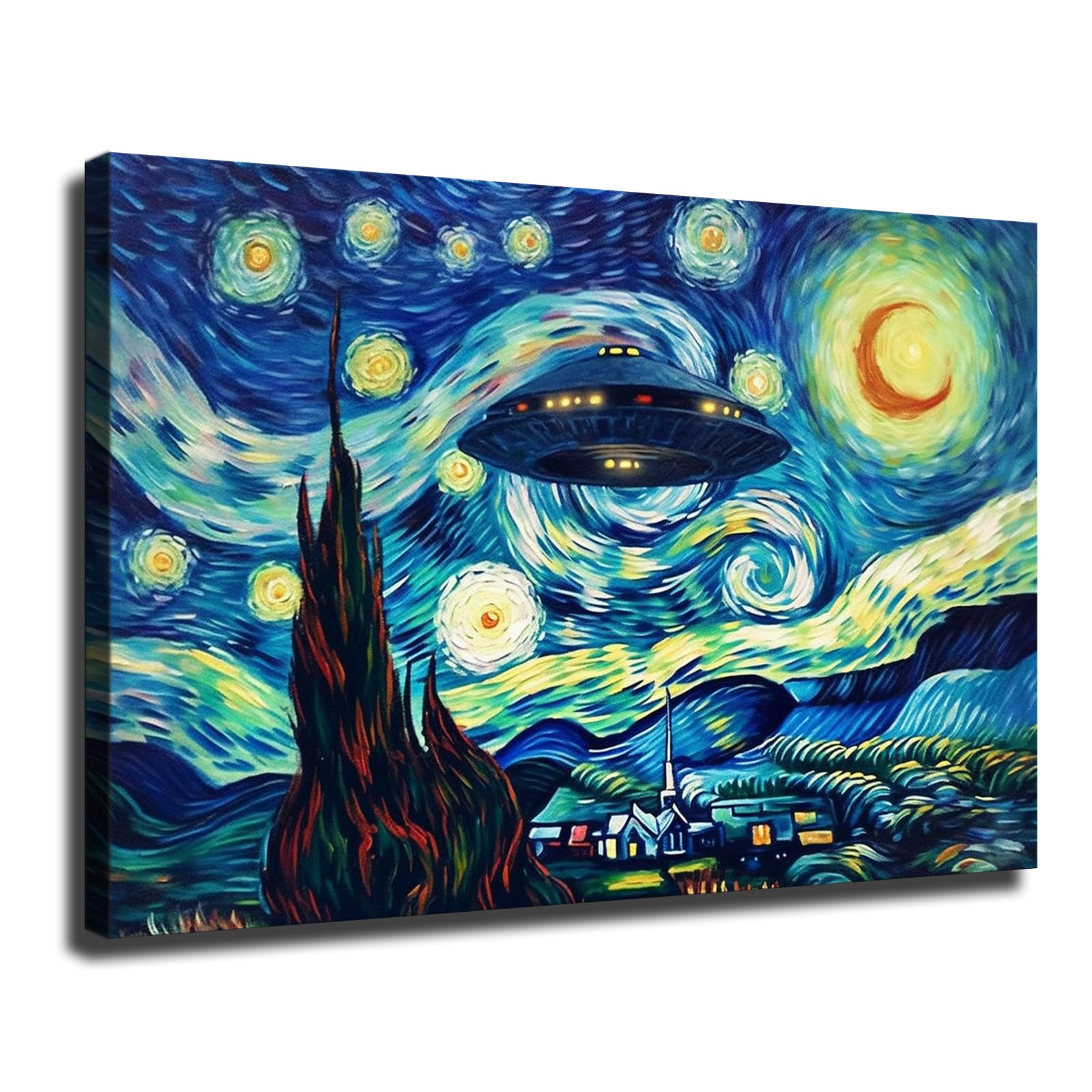 KJoet Ufo Sighting on A Starry Night Vincent Van Gogh Humor Canvas Poster Wall Art Decor Print Picture Paintings for Living Room Bedroom Decoration (08x12inch,Unframed)