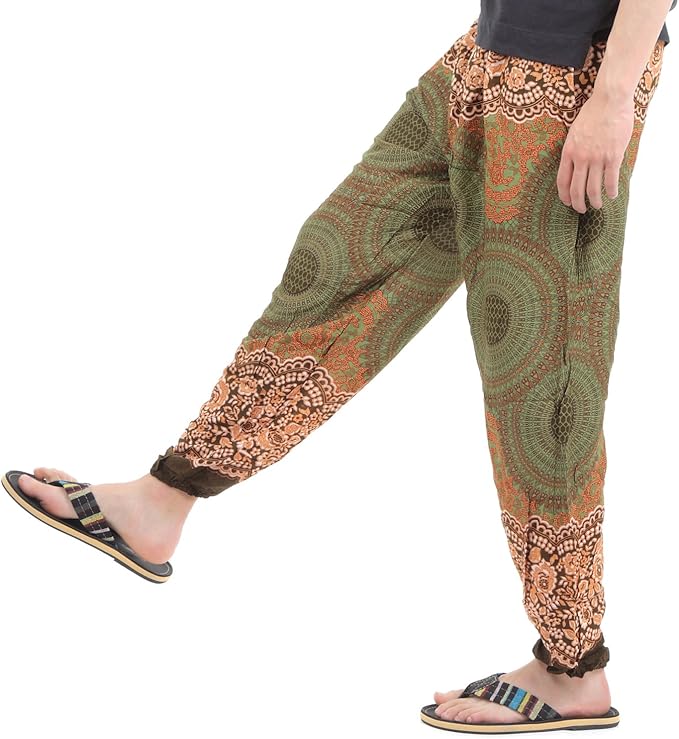 Amazon Oki オキ アジアンパンツ サルエルパンツ アラジンパンツ メンズ レディース ユニセックス エスニック ロングパンツ フローラル柄 無地 カーキ柄 ロングパンツ 通販