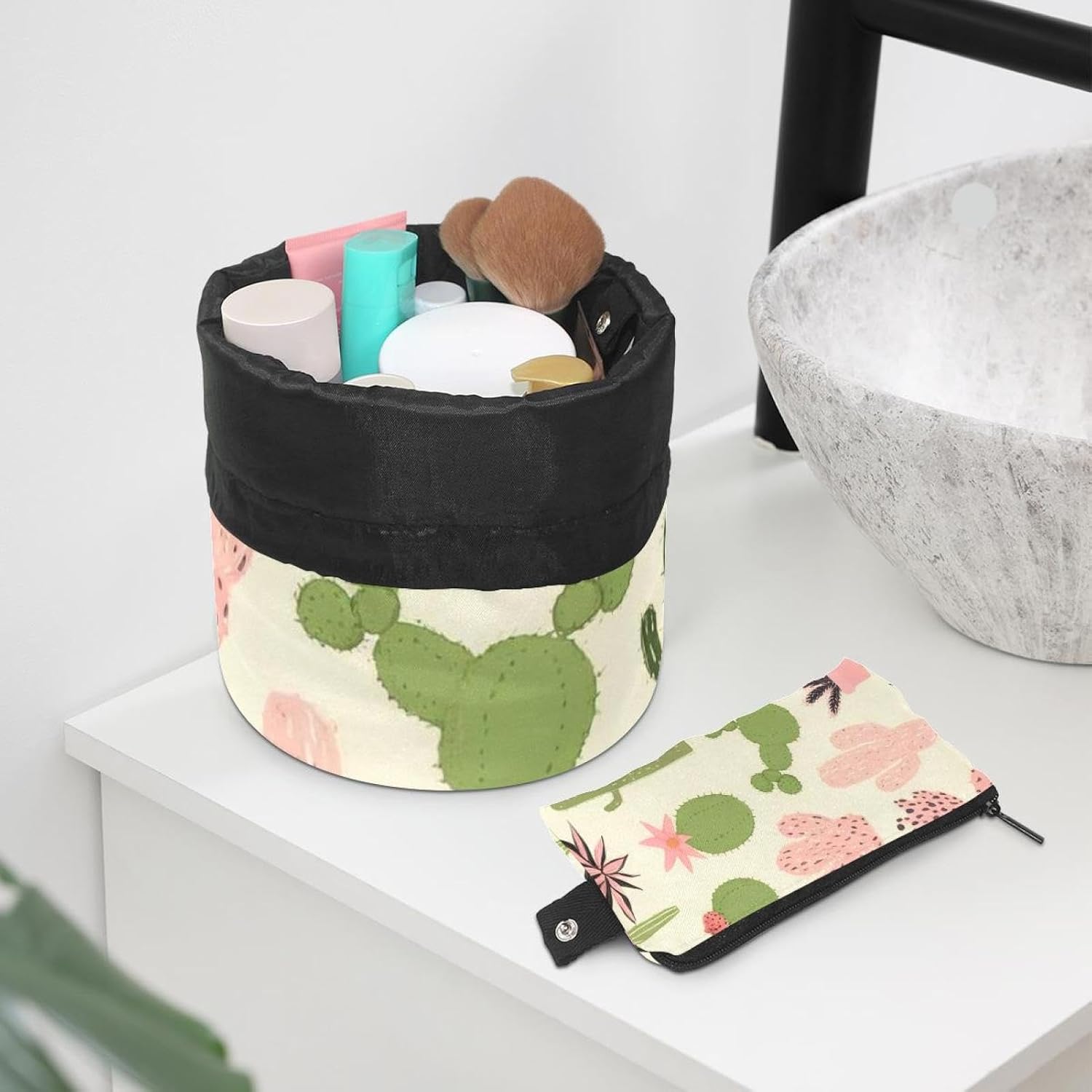 2PCS Colorful Cactus-47 Travel Cosmetic Bag Makeup Organizer, Drawstring Bathroom Cases - Cylindrical & Small Toiletry Bag image 5