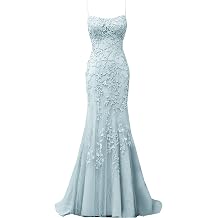 LIPOSA Mermaid Prom Dress for Women Tulle Lace Spaghetti Straps Backless Sleeveless Evening Formal Party Gowns Long
