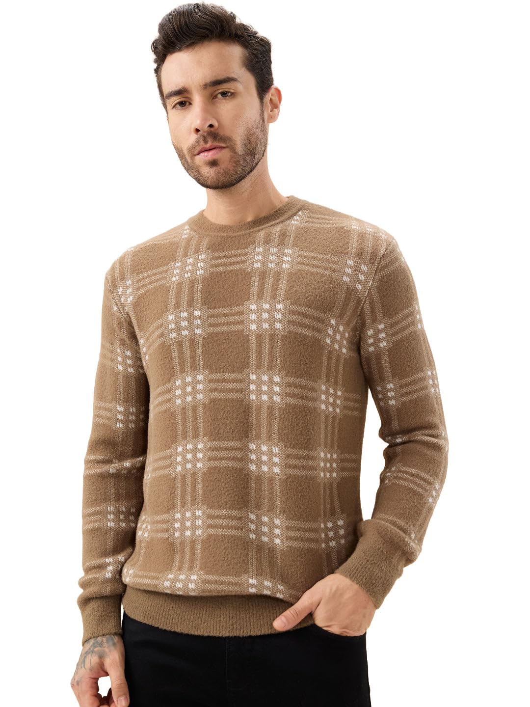 Men's Trendy Check Design Full Sleeves Round Neck Fleece Sweater-image-19